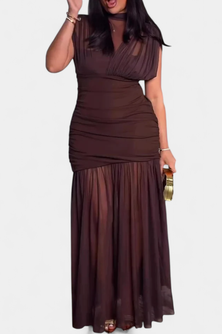 Noelia Vestido Ajustado de Malla Plisada Marrón