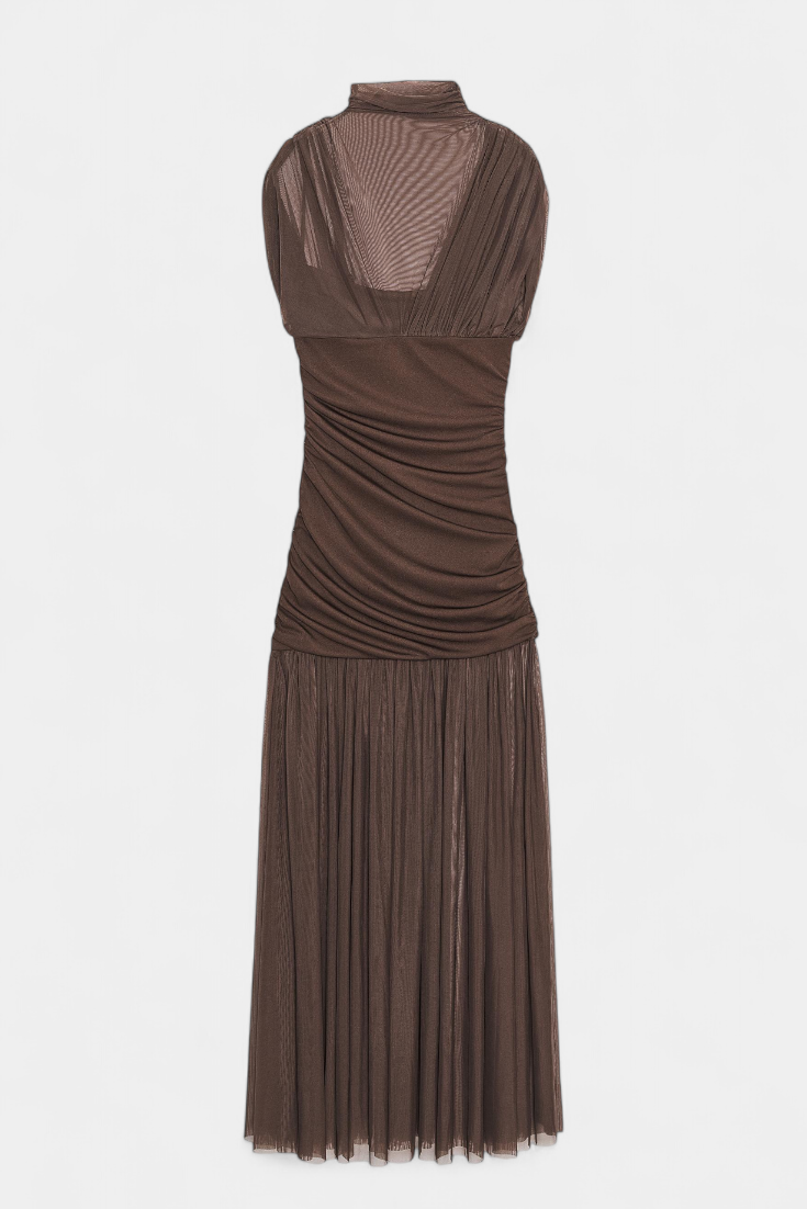 Noelia Vestido Ajustado de Malla Plisada Marrón