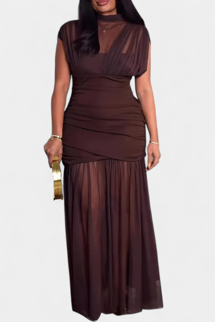 Noelia Vestido Ajustado de Malla Plisada Marrón